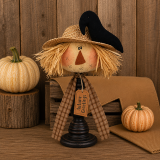 Autumn Greeting Scarecrow Head Large Spindle with Crow 15" | Primitive Fall Decor