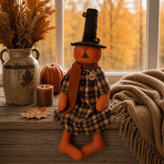 Pearl the Jingle Bell Jack-O-Lantern | 24" Primitive Fall Jack-O-Lantern Shelf Sitter