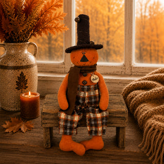 Pluto the Jingle Bell Jack-O-Lantern | 18" Primitive Fall Jack-O-Lantern Shelf Sitter
