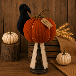 Harvest Blessings Round Pumpkin with Crow Large Spindle | 17" Primitive Harvest Spindle Decor