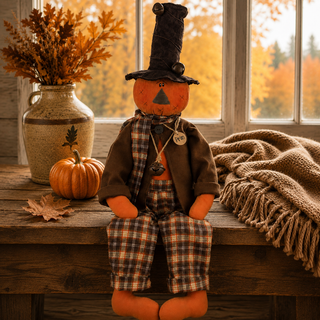 Prim the Jingle Bell Jack-O-Lantern | 34" Primitive Fall Jack-O-Lantern Shelf Sitter