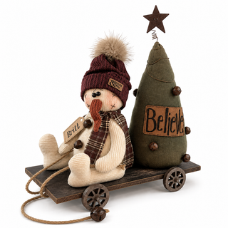 Britt the Snowman on Cart | 16" Primitive Christmas Cart Decor