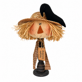 Autumn Greeting Scarecrow Head Large Spindle with Crow 15" | Primitive Fall Decor