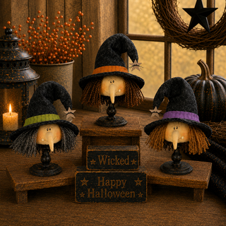 Whimsy Witch Small Spindle Set (3A) | 7" Primitive Halloween Shelf Sitter