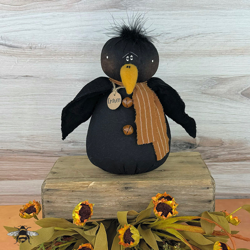 Craven the Crow- Handmade Primitive: Whimsical Soft Sculpture Collectible Black Crow for Fall Décor by Honey and Me, Inc™