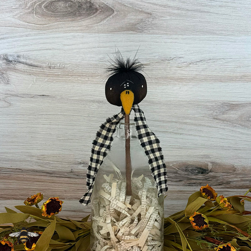 Small Crow Head Wand - Whimsical Primitive Textile Art: Handmade Soft Sculpture Collectible Crow Honey and Me, Inc™