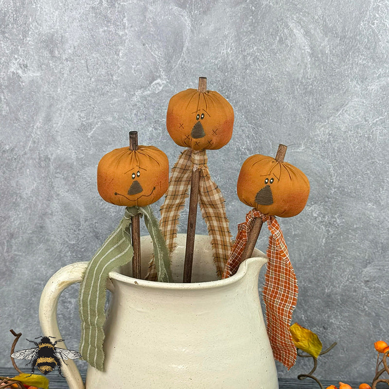 Baby Jack-O-Lantern Head Wand Set (3A) - Whimsical Primitive Textile art: Handmade Pumpkin Collectible by Honey and Me, Inc™