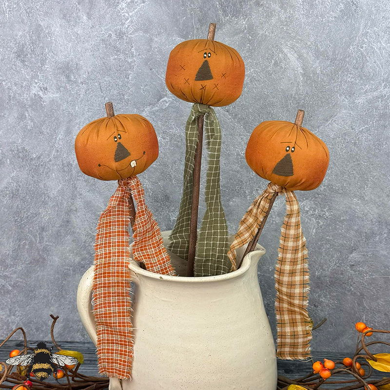 Large Jack-O-Lantern Head Wand Set (3A) - Primitive Textile Art: Whimsical Soft Sculpture Collectible Pumpkin by Honey and Me, Inc™