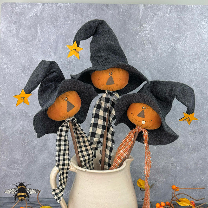 Jack-O-Lantern Witch Head Wand Set (3A) - Primitive Textile Art: Whimsical Soft Sculpture Pumpkin Collectible by Honey and Me, Inc™