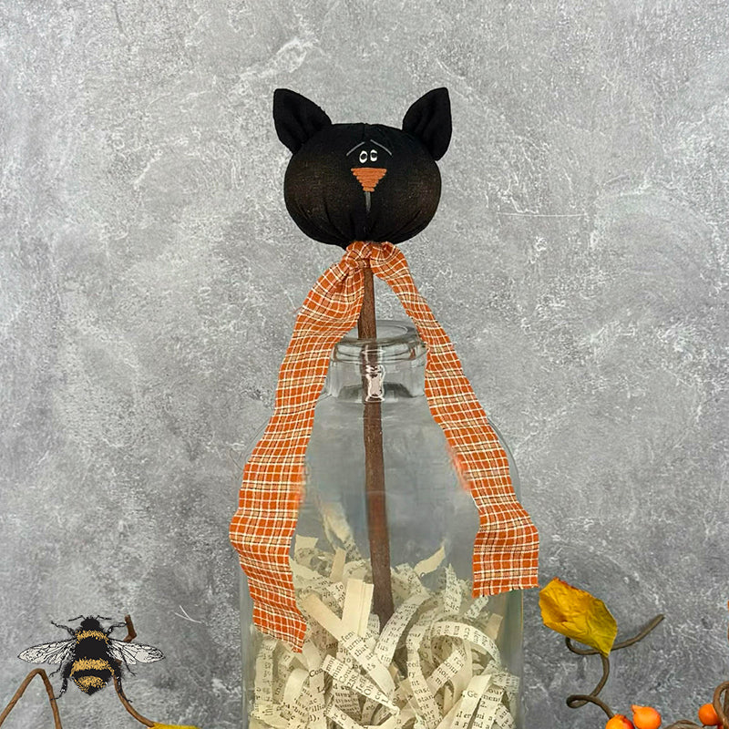 Baby Cat Head Wand - Handmade Primitive Textile Art: Whimsical Soft Sculpture Collectible by Honey and Me, Inc™