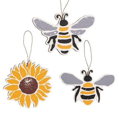 Bees and Sunflower Wooden Ornaments - Set of Three