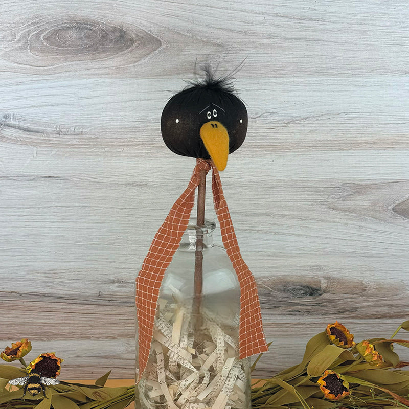 Large Crow Head Wand - Whimsical Primitive Textile Art: Handmade Soft Sculpture Collectible Crow Honey and Me, Inc™