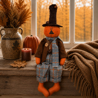 Porter the Jingle Bell Jack-O-Lantern | 25" Primitive Fall Jack-O-Lantern Shelf Sitter