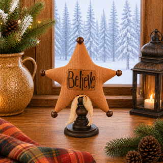 Believe Star on Short Spindle | 11.5" Primitive Christmas Spindle Decor