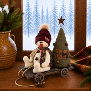 Britt the Snowman on Cart | 16" Primitive Christmas Cart Decor