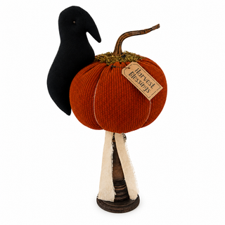 Harvest Blessings Round Pumpkin with Crow Large Spindle | 17" Primitive Harvest Spindle Decor