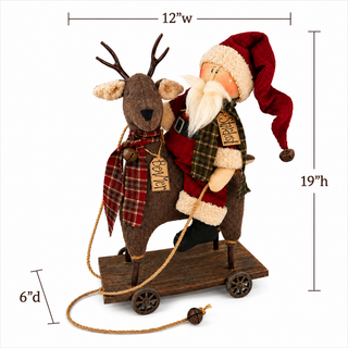 Stardust Santa on Beamer Deer Pull Cart - Special Edition | Primitive Christmas Cart Decor