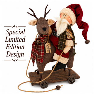 Stardust Santa on Beamer Deer Pull Cart - Special Edition | Primitive Christmas Cart Decor