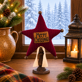 Merry Christmas Star on Tall Spindle | 15" Primitive Christmas Spindle Decor