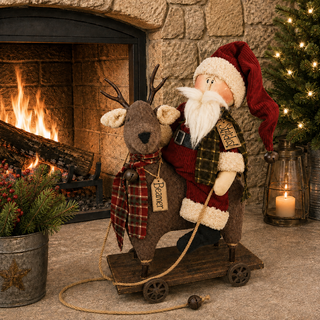Stardust Santa on Beamer Deer Pull Cart - Special Edition | Primitive Christmas Cart Decor