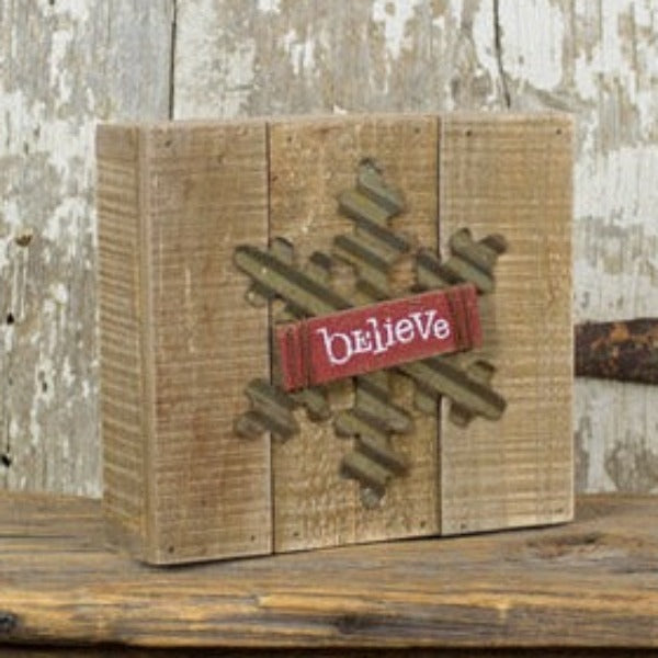 Believe w/Metal Snowlake Small Pallet Sign
