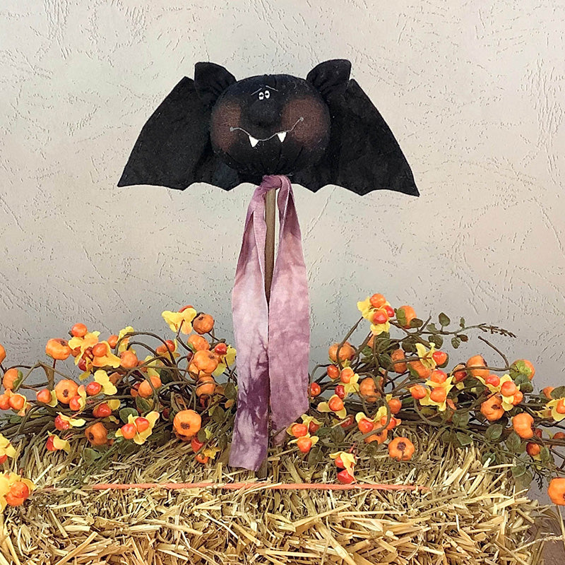Fang the Groovy Bat Wand – Handmade Primitive Textile Art: Whimsical Soft Sculpture Collectible Bat for Halloween Décor by Honey and Me, Inc™