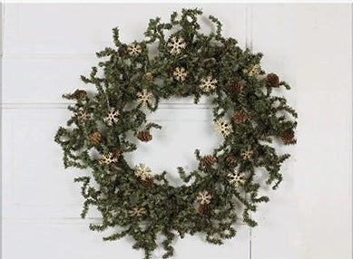 Christmas Greenery with Wooden Snowflakes Wreath